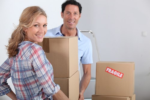 Packed office boxes and furniture ready for relocation