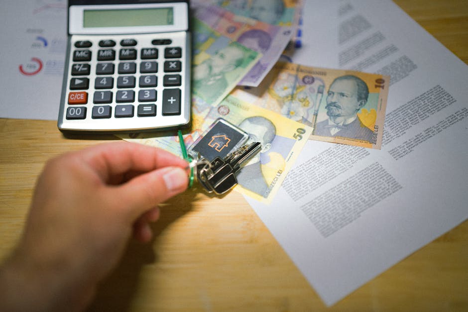 A person's left hand holding a silver keyring with multiple keys, including a black key with a house symbol, over a wooden table surface that has various items for home relocation and moving preparations. On the table are several banknotes of different denominations, including a 50 euro note and a 10 euro note, with parts of printed documents partly visible underneath. A white calculator with black and grey buttons is placed towards the top left of the image. The scene suggests financial planning related to house removals or property transactions, with the setting inside a home or an office environment where arrangements such as packing, logistics planning, or cost calculation are being conducted, relevant to services provided by Man With a Van Eastcote.