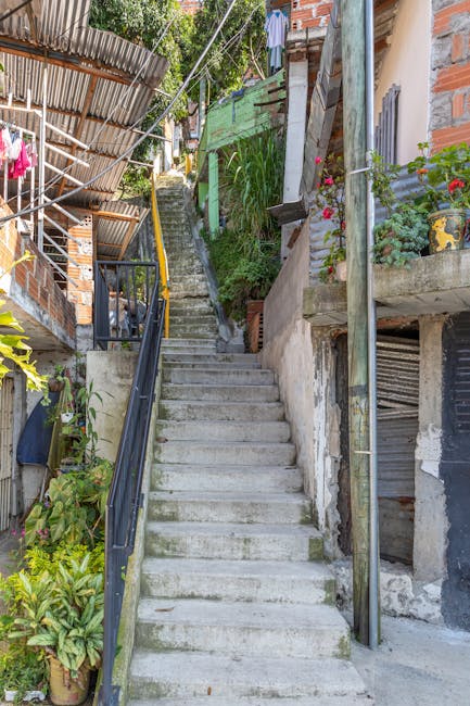 A narrow outdoor stone staircase with visible signs of age and wear, leading upwards between two white-painted walls of a residential property. On the left side of the stairs, there are several terracotta pots containing flowering plants and green foliage placed on small ledges attached to the wall. The stairs are uneven and slightly chipped, with some small plants growing in cracks. At the top of the staircase, wooden and brick structures are visible, possibly part of a garden or backyard area. The environment appears well-lit with natural daylight, highlighting the textures of the stone steps, potted plants, and surrounding walls. This setting illustrates typical vertical access in homes requiring careful furniture transport and home relocation planning, as managed by Man With a Van Eastcote.